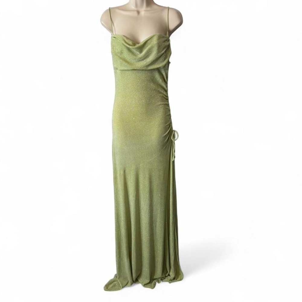 Vintage Y2K City Triangles Lime Green Glitter Cowl Neck Dress, Women's Size L